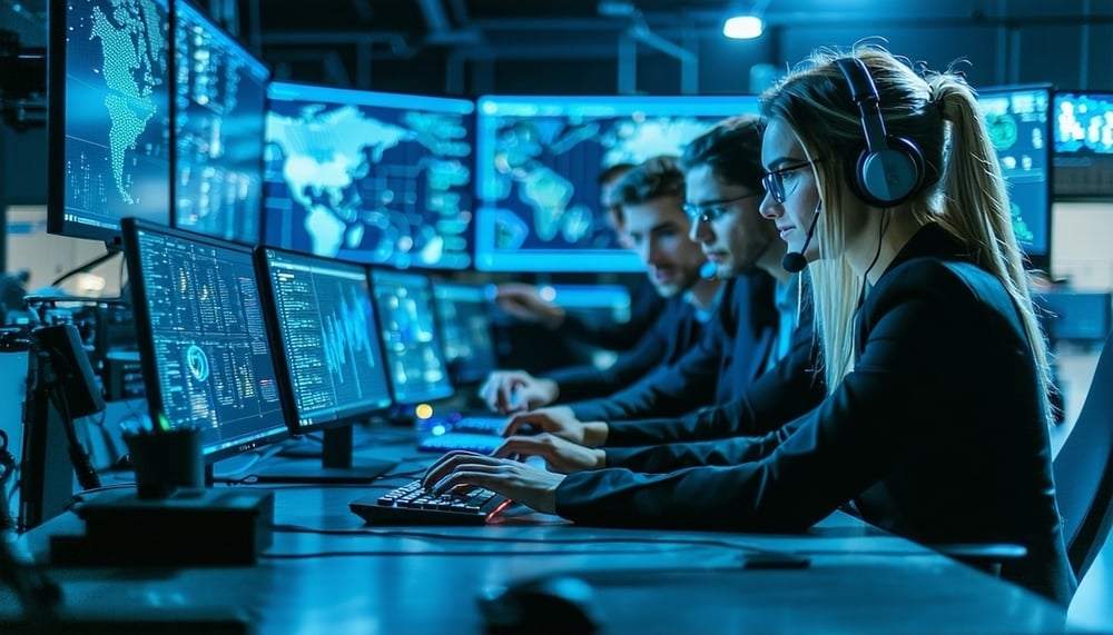 Cyber security professionals analysing digital threat data